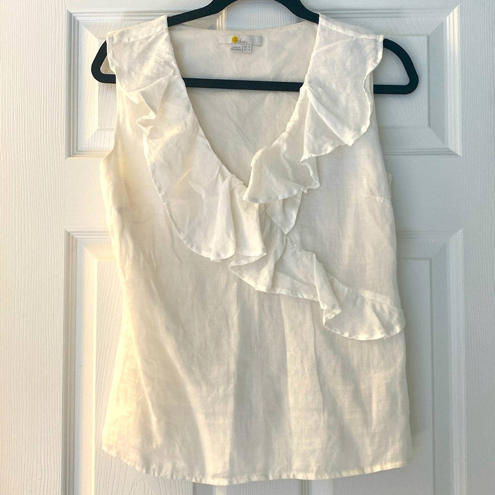 Boden linen sleeveless ruffle top, white